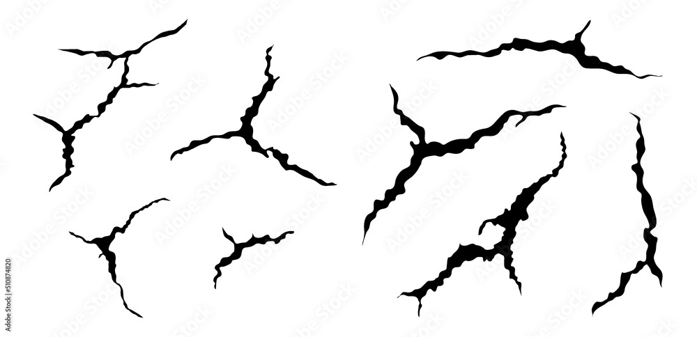 Ground cracks set. Earthquake and ground cracks, hole effect, craquelure and damaged wall texture. Vector illustrations can be used for topics earthquake, crash, destruction.