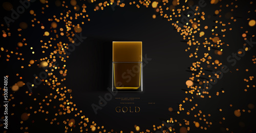 Luxury composition template for cosmetic product presentation with beautiful gold glitters decoration realistic vector