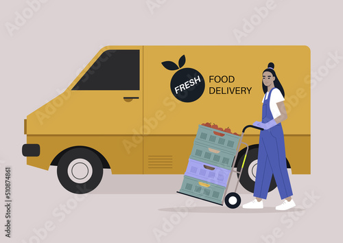 A grocery delivery service, a young female Asian character in denim overalls pushing a cart to a yellow van delivering food