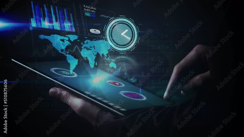 Animation of clock moving over data processing and caucasian businessman using tablet Animation of clock moving over data processing and caucasian businessman using tablet