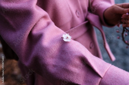 Woman in pink coat with blossom cheery flower twig