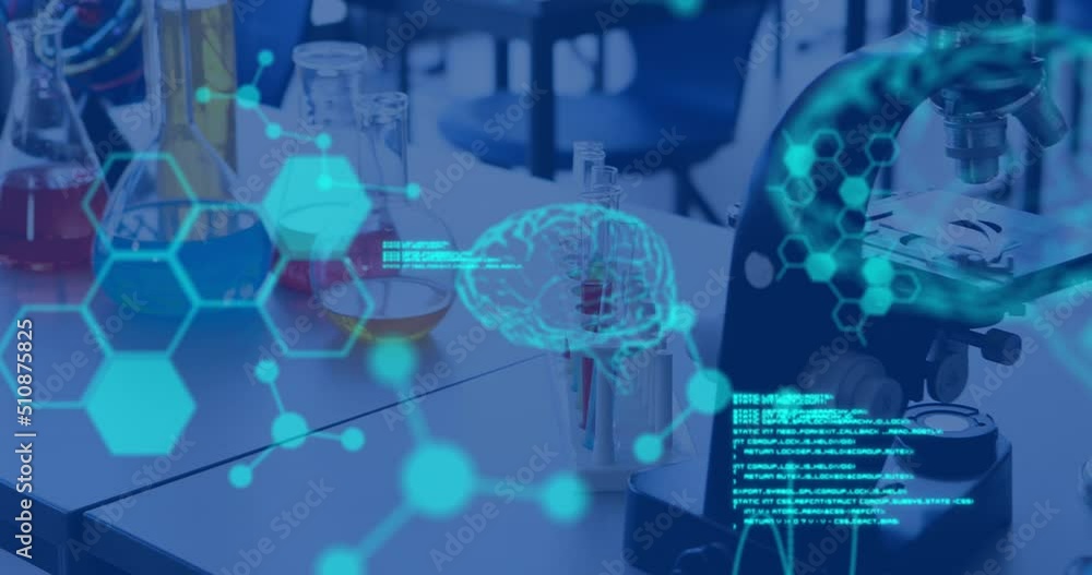 Animation of data processing over laboratory equipment in lab Animation of data processing over laboratory equipment in lab