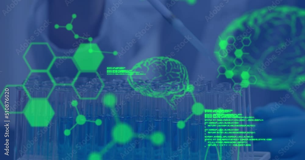 Animation of data processing over scientist with test tubes in lab Animation of data processing over scientist with test tubes in lab