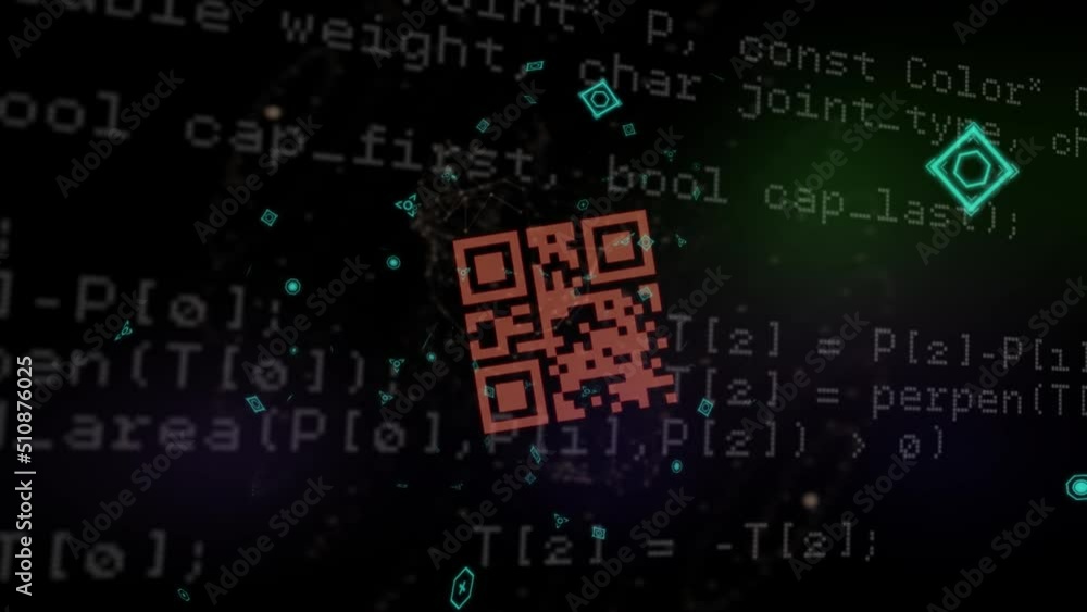Animation of data processing and qr code over black background Animation of data processing and qr code over black background