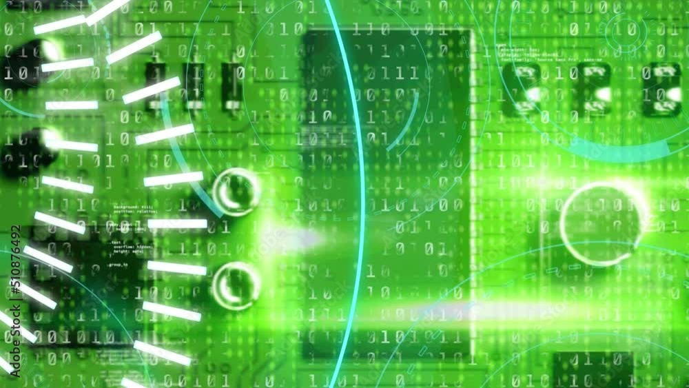 Animation of 5g over binary code and motherboard in green Animation of 5g over binary code and motherboard in green