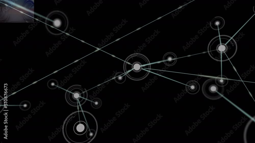 Animation of network of connections with icons over black background Animation of network of connections with icons over black background