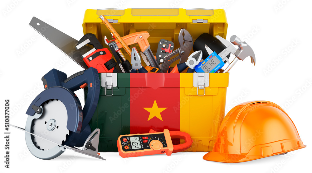 Cameroonian flag painted on the toolbox. Service, repair and construction in Cameroon, concept. 3D rendering Cameroonian flag painted on the toolbox. Service, repair and construction in Cameroon, concept. 3D rendering