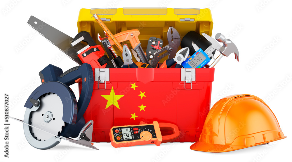 Chinese flag painted on the toolbox. Service, repair and construction in China, concept. 3D rendering Chinese flag painted on the toolbox. Service, repair and construction in China, concept. 3D rendering