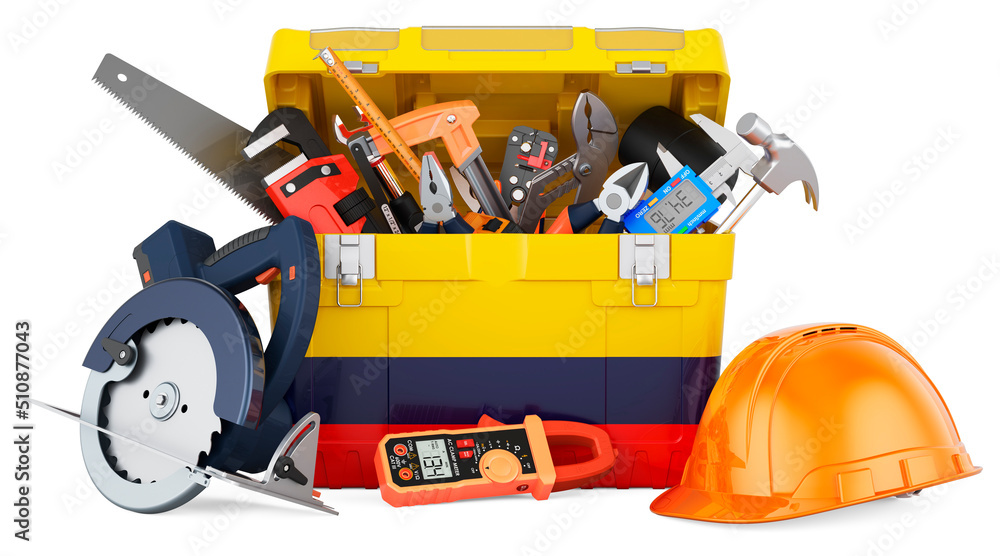 Colombian flag painted on the toolbox. Service, repair and construction in Colombia, concept. 3D rendering