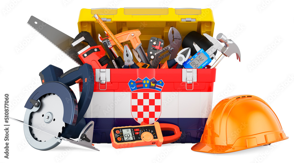 Croatian flag painted on the toolbox. Service, repair and construction in Croatia, concept. 3D rendering Croatian flag painted on the toolbox. Service, repair and construction in Croatia, concept. 3D rendering