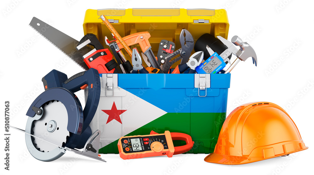 Djiboutian flag painted on the toolbox. Service, repair and construction in Djibouti, concept. 3D rendering Djiboutian flag painted on the toolbox. Service, repair and construction in Djibouti, concept. 3D rendering