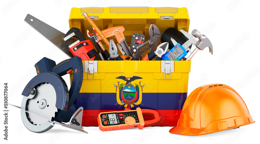 Ecuadorian flag painted on the toolbox. Service, repair and construction in Ecuador, concept. 3D rendering