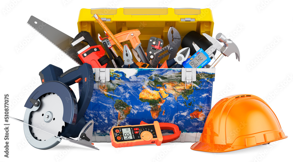 Earth Globe map painted on the toolbox. Service, repair and construction in the world, concept. 3D rendering Earth Globe map painted on the toolbox. Service, repair and construction in the world, concept. 3D rendering