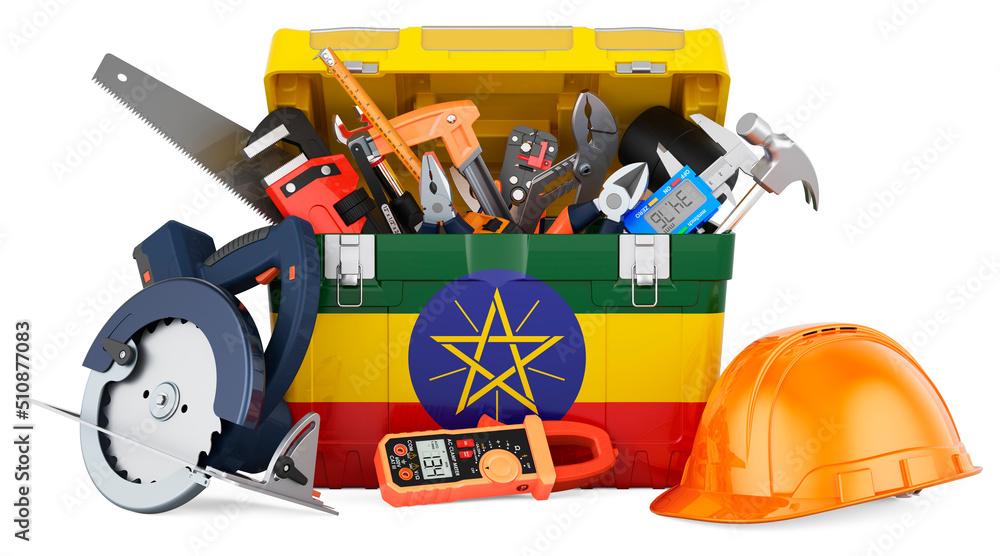 Ethiopian flag painted on the toolbox. Service, repair and construction in Ethiopia, concept. 3D rendering Ethiopian flag painted on the toolbox. Service, repair and construction in Ethiopia, concept. 3D rendering