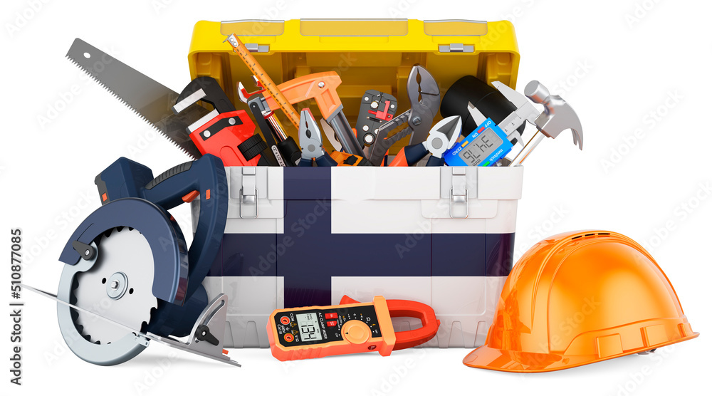 Finnish flag painted on the toolbox. Service, repair and construction in Finland, concept. 3D rendering Finnish flag painted on the toolbox. Service, repair and construction in Finland, concept. 3D rendering