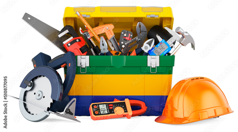 Gabonese flag painted on the toolbox. Service, repair and construction in Gabon, concept. 3D rendering Gabonese flag painted on the toolbox. Service, repair and construction in Gabon, concept. 3D rendering