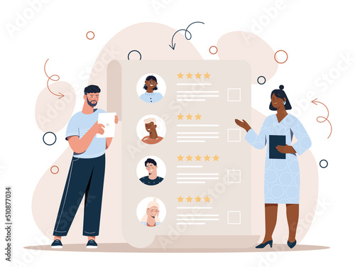 People choosing new worker. Man and woman evaluate candidates for vacancy. Characters work in office, company staff expansion, HR department. Rating and ranking. Cartoon flat vector illustration
