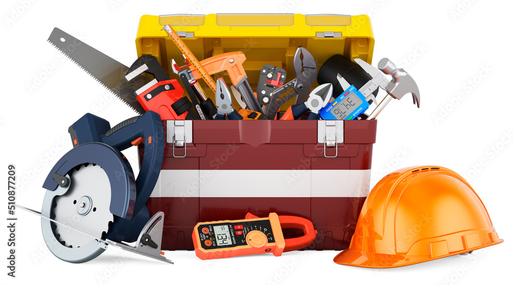 Latvian flag painted on the toolbox. Service, repair and construction in Latvia, concept. 3D rendering Latvian flag painted on the toolbox. Service, repair and construction in Latvia, concept. 3D rendering