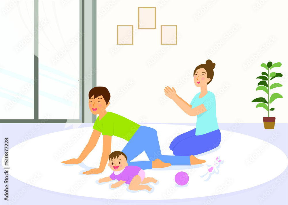 Parents and babies happily playing together in their homes, crawling babies.