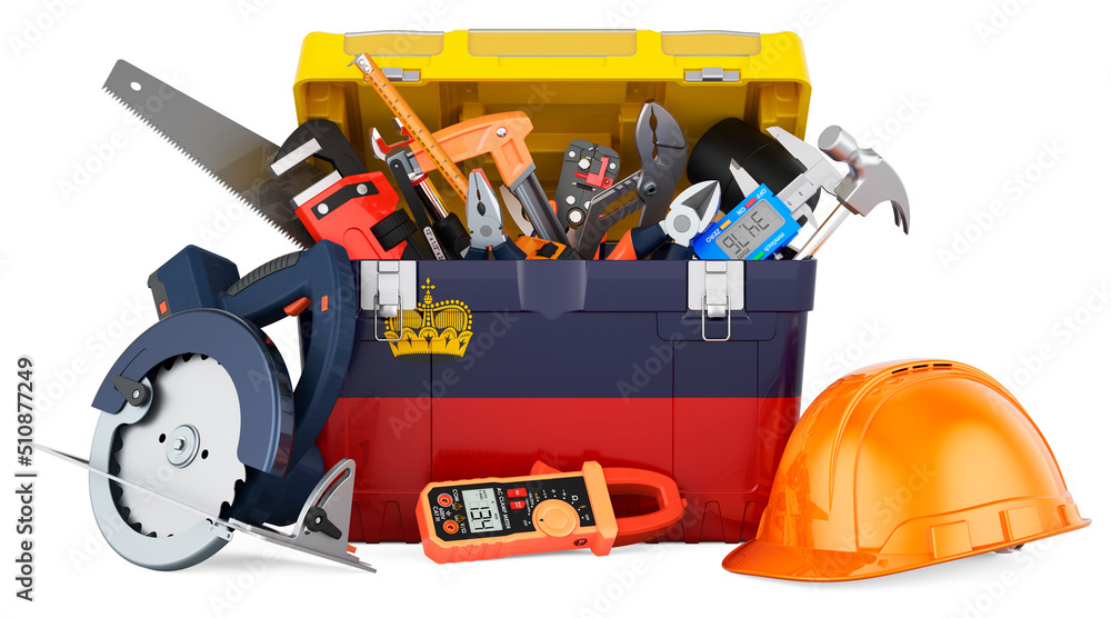 Liechtensteiner flag painted on the toolbox. Service, repair and construction in Liechtenstein, concept. 3D rendering Liechtensteiner flag painted on the toolbox. Service, repair and construction in Liechtenstein, concept. 3D rendering