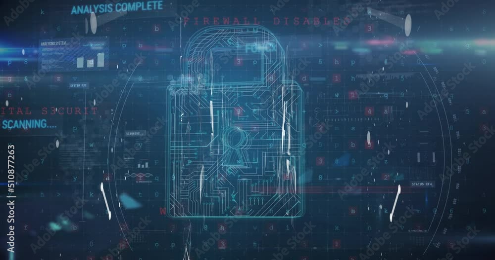 Animation of data processing and padlock on blue background Animation of data processing and padlock on blue background