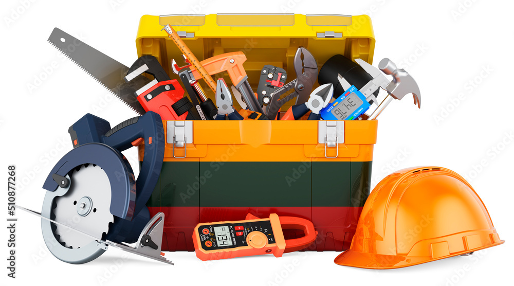 Lithuanian flag painted on the toolbox. Service, repair and construction in Lithuania, concept. 3D rendering Lithuanian flag painted on the toolbox. Service, repair and construction in Lithuania, concept. 3D rendering