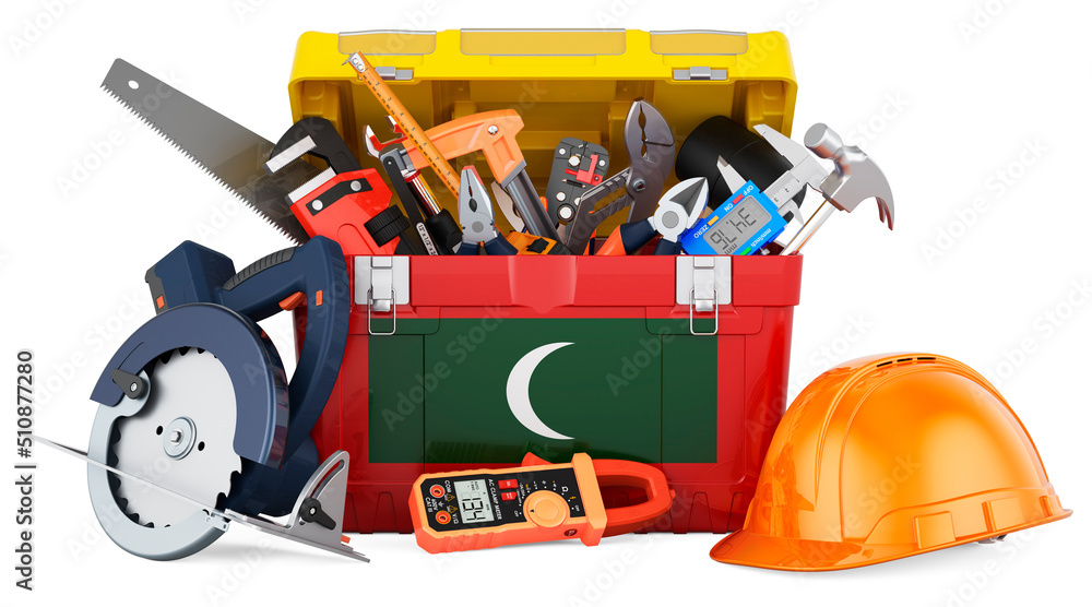 Maldivian flag painted on the toolbox. Service, repair and construction in Maldives, concept. 3D rendering Maldivian flag painted on the toolbox. Service, repair and construction in Maldives, concept. 3D rendering