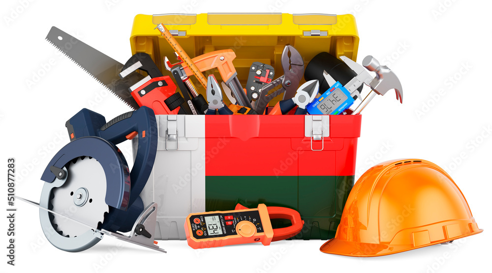 Madagascar flag painted on the toolbox. Service, repair and construction in Madagascar, concept. 3D rendering Madagascar flag painted on the toolbox. Service, repair and construction in Madagascar, concept. 3D rendering