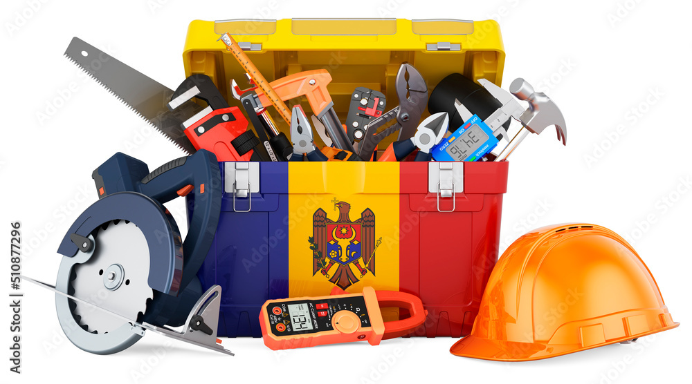 Moldovan flag painted on the toolbox. Service, repair and construction in Moldova, concept. 3D rendering Moldovan flag painted on the toolbox. Service, repair and construction in Moldova, concept. 3D rendering
