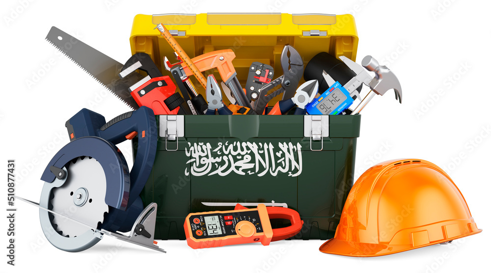 Saudi Arabian flag painted on the toolbox. Service, repair and construction in Saudi Arabia, concept. 3D rendering Saudi Arabian flag painted on the toolbox. Service, repair and construction in Saudi Arabia, concept. 3D rendering