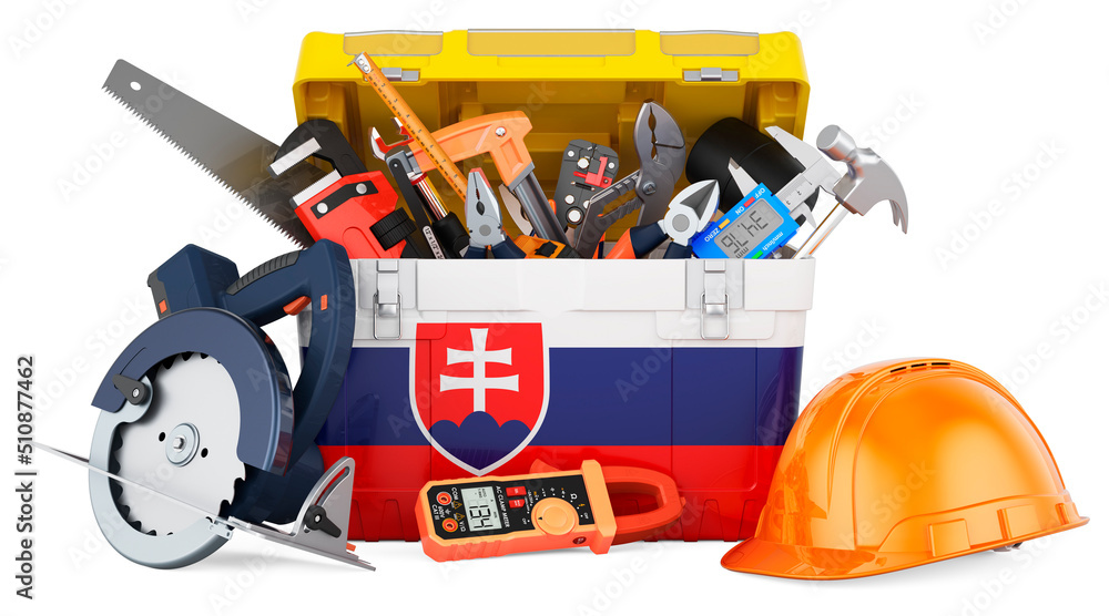 Slovak flag painted on the toolbox. Service, repair and construction in Slovakia, concept. 3D rendering