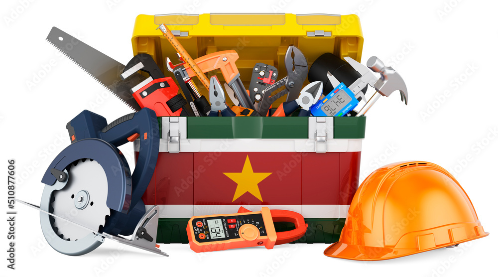 Surinamese flag painted on the toolbox. Service, repair and construction in Suriname, concept. 3D rendering Surinamese flag painted on the toolbox. Service, repair and construction in Suriname, concept. 3D rendering