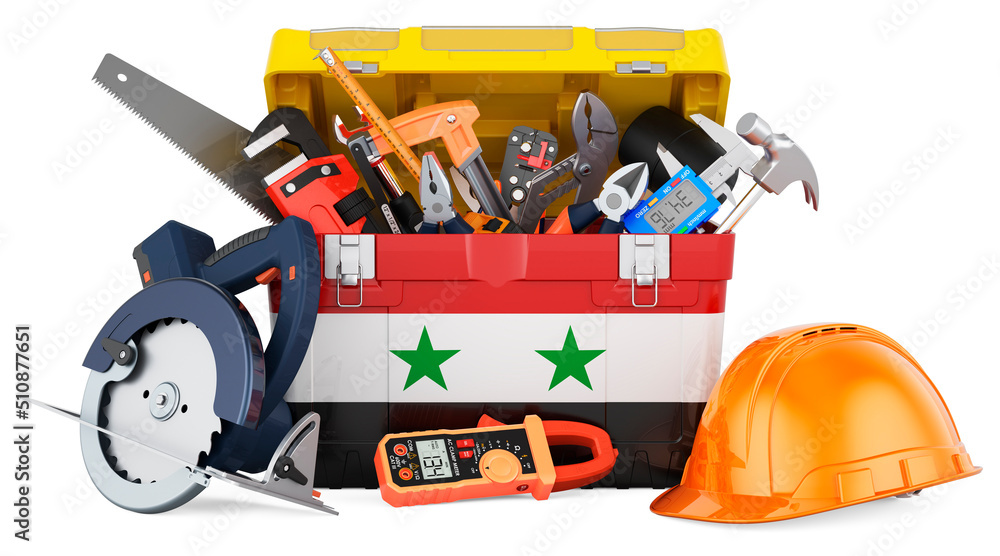 Syrian flag painted on the toolbox. Service, repair and construction in Syria, concept. 3D rendering Syrian flag painted on the toolbox. Service, repair and construction in Syria, concept. 3D rendering