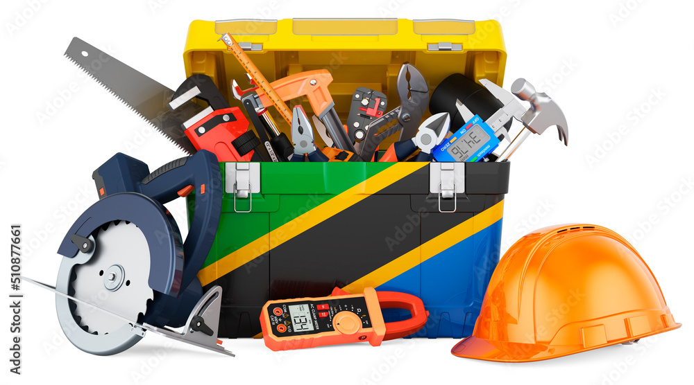 Tanzanian flag painted on the toolbox. Service, repair and construction in Tanzania, concept. 3D rendering Tanzanian flag painted on the toolbox. Service, repair and construction in Tanzania, concept. 3D rendering