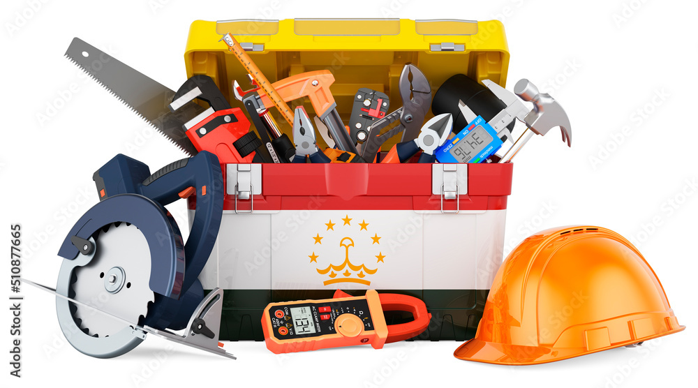 Tajik flag painted on the toolbox. Service, repair and construction in Tajikistan, concept. 3D rendering Tajik flag painted on the toolbox. Service, repair and construction in Tajikistan, concept. 3D rendering