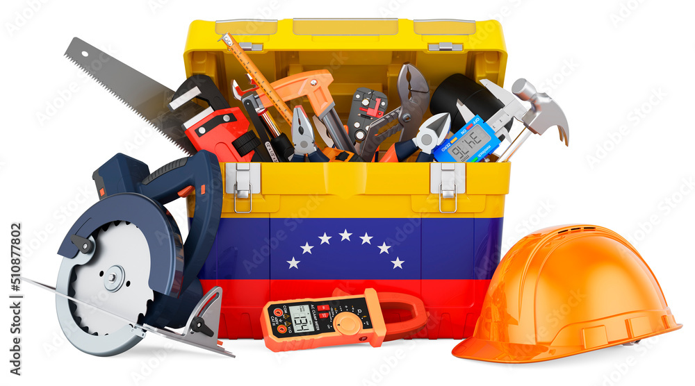Venezuelan flag painted on the toolbox. Service, repair and construction in Venezuela, concept. 3D rendering Venezuelan flag painted on the toolbox. Service, repair and construction in Venezuela, concept. 3D rendering