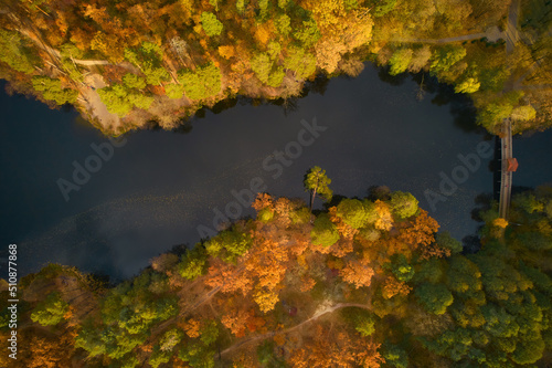 Drone view of the river flowing in autumn forest