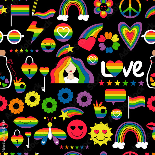 Seamless pattern LGBT. LGBTQ community, lesbian girl, pride flags, rainbow, love elements, LGBT Pride Month symbols, heart, emoji icons and groovy celebration on black background. Vector illustration