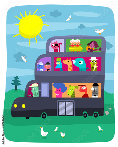 Fun, colorful and crazy double-decker bus with all kind of funny passengers vector illustration (ID: 510880041)