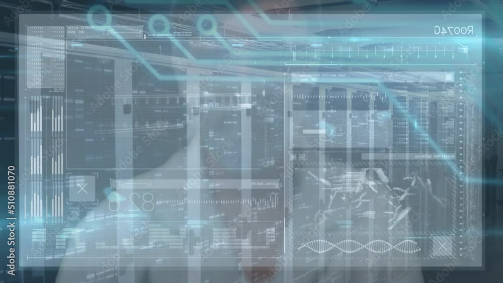 Animation of caucasian woman using touchscreen over diverse data and servers in background Animation of caucasian woman using touchscreen over diverse data and servers in background