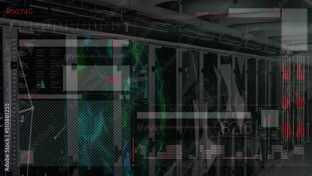 Animation of digital screen with data and shapes over servers Animation of digital screen with data and shapes over servers