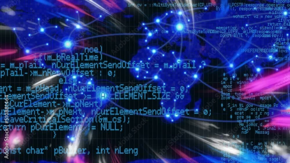 Animation of blue and pink lights moving fast over data processing and world map Animation of blue and pink lights moving fast over data processing and world map