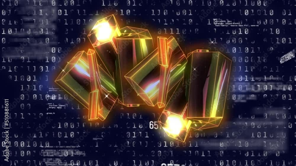 Animation of glowing yellow blocks rotating over binary code on navy background Animation of glowing yellow blocks rotating over binary code on navy background