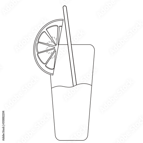 Black and white lines. drink in a glass with lemon.