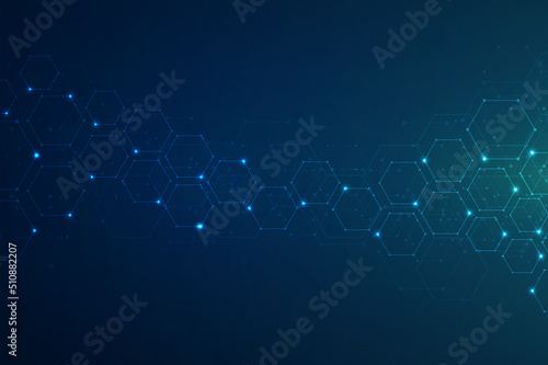 Hexagons pattern on blue background. Genetic research, molecular structure. Chemical engineering. Concept of innovation technology. Used for design healthcare, science and medicine background