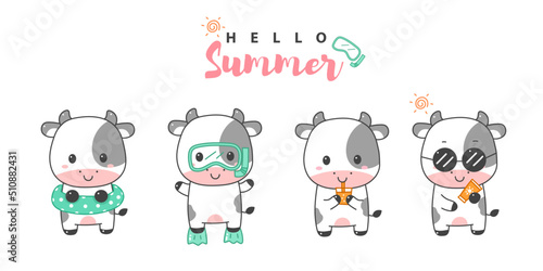 cute cow kawaii cartoon summer set.
