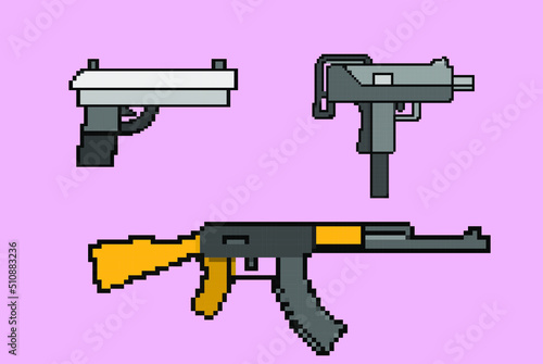 Gun and rifle pixel style illustration vector set, 8-bit concept, colorful weapon idea, pixel art guns, isolated on pink background, flat vector design, animation and video game asset