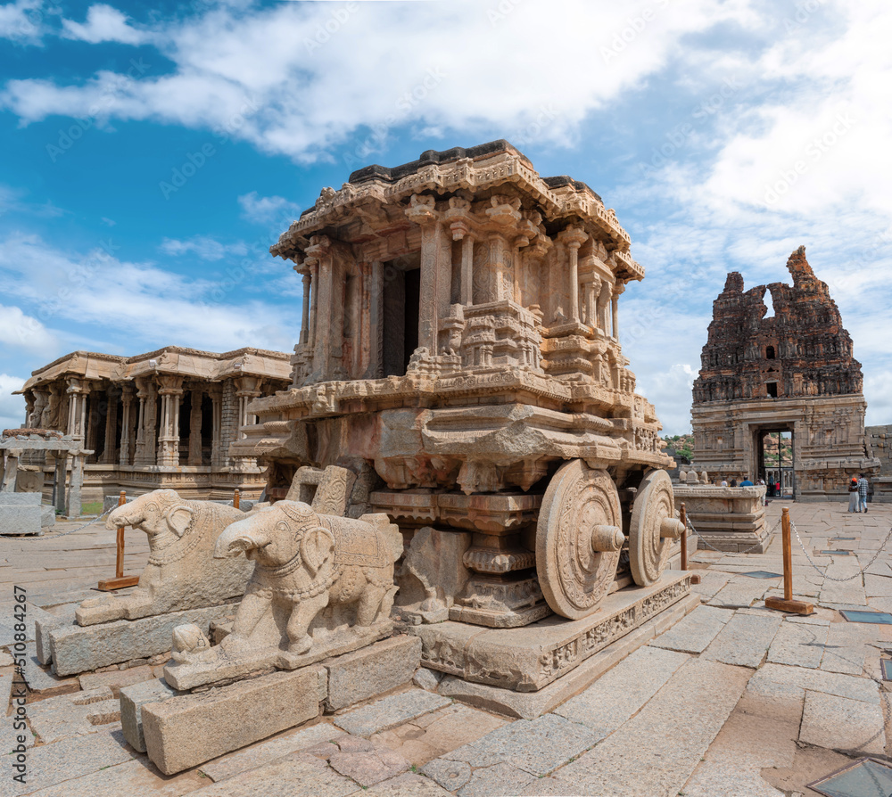 Stone Chariot - Ornate carving of a divine, Hindu vehicle situated on the grounds of the Vijaya Vitthala Temple.