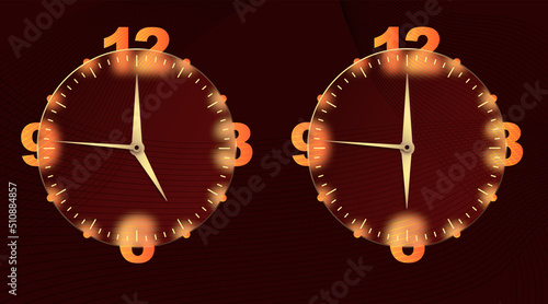 Clock glassmorphism effect. Set 3d style round timer Gold clock face and hands for mobile app design. Business icon. Modern concept background. Indication of time. Vector illustration