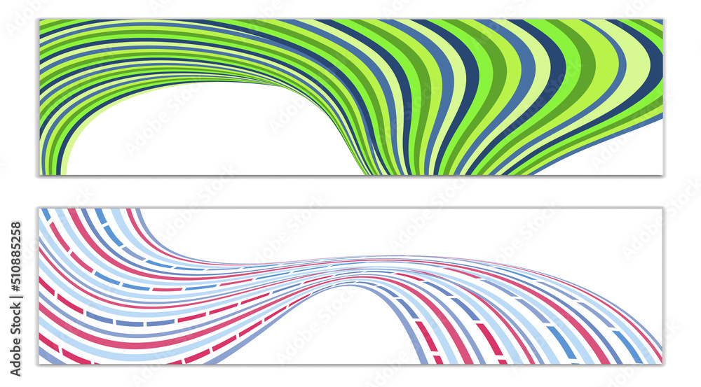 Wavy lines or ribbons. Set of 2 covers. Multicolored striped. Creative unusual background with abstract wave lines for creating a trendy banner, poster. vector eps Wavy lines or ribbons. Set of 2 covers. Multicolored striped. Creative unusual background with abstract wave lines for creating a trendy banner, poster. vector eps